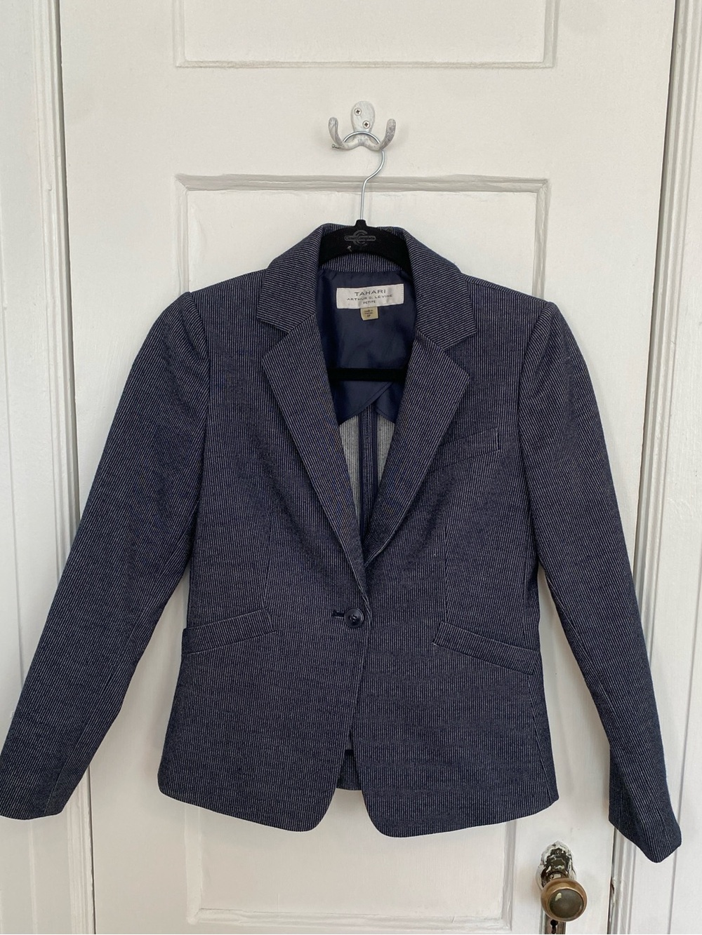 Tahari Arthur S Levine Petite Navy Micro Pinstripe One Button Blazer 0P